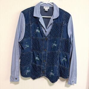 Vintage Alfred Dunner Denim Button Up Long Sleeve Top 1X Blue Embroidered Floral